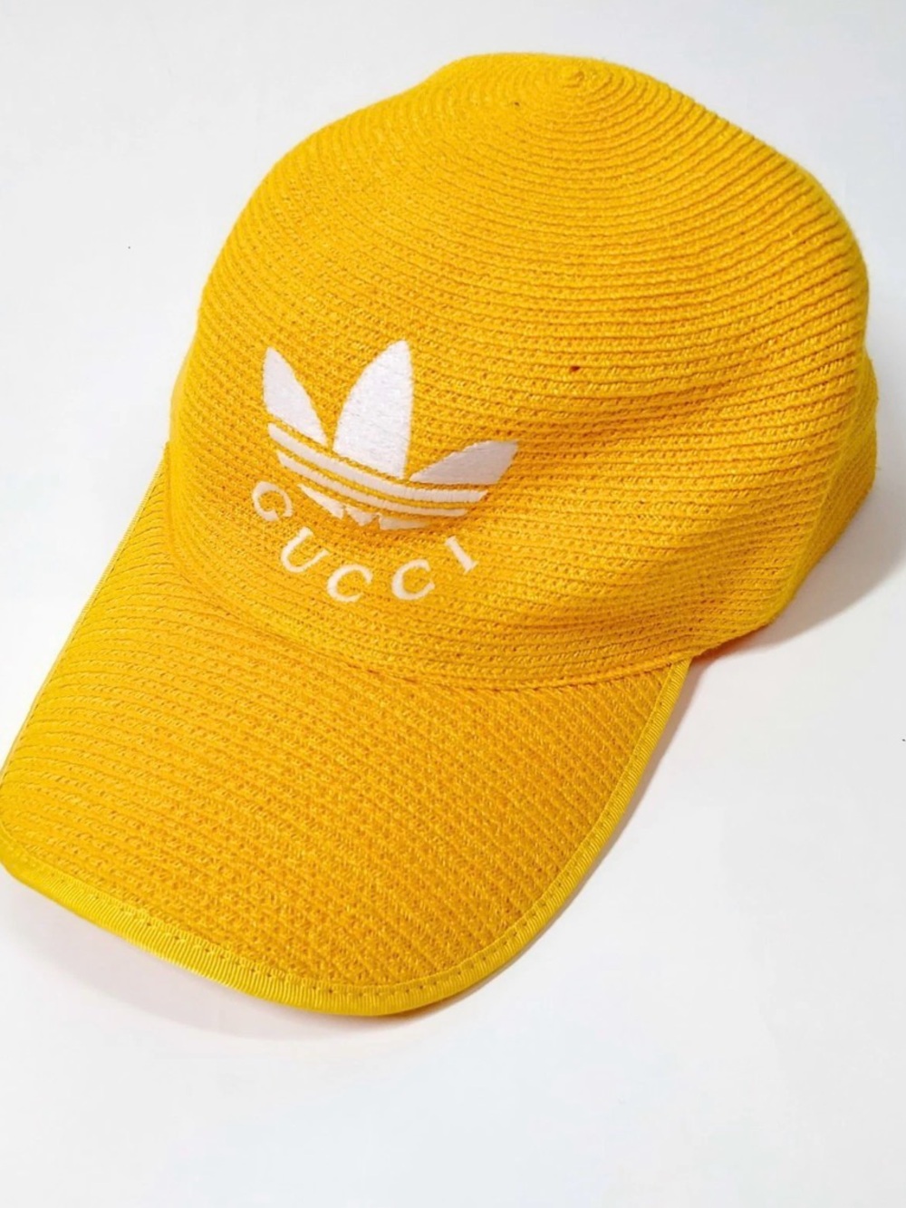 Gucci and Adidas Bright Yellow Knit Logo Cap with White Embroidery